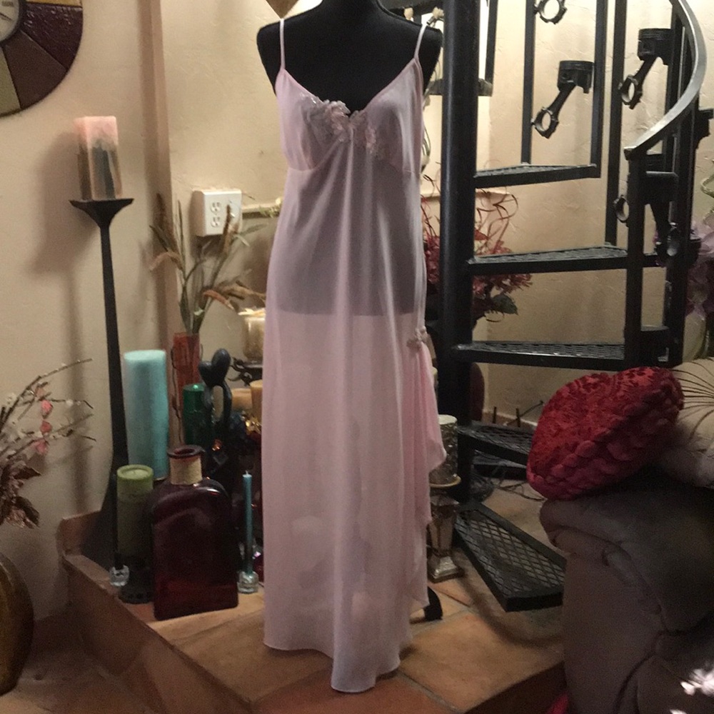 NWT Vintage Chiffon Sequin Sweetheart Pink Long Maxi Nightgown Slip Dress